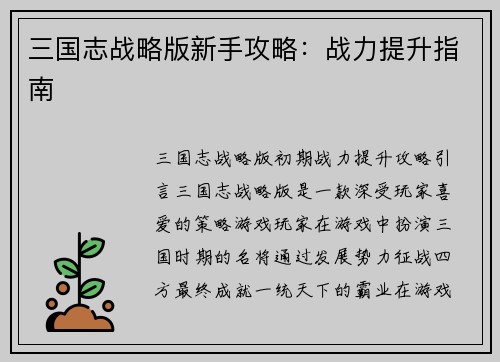 三国志战略版新手攻略：战力提升指南